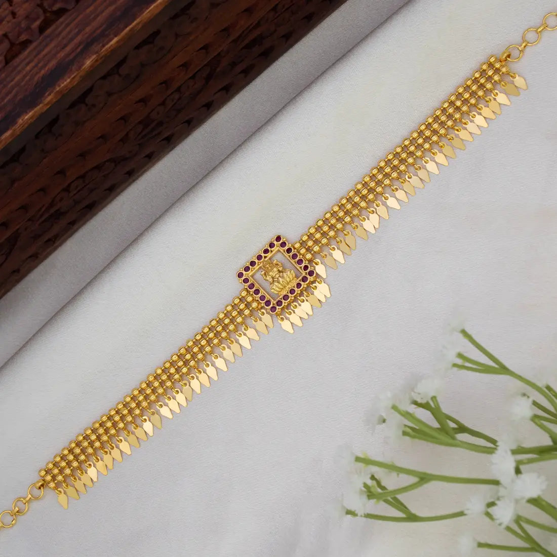 Gold Plated Ruby Stone Lakshmi Pendant Elakkathali Choker Necklace