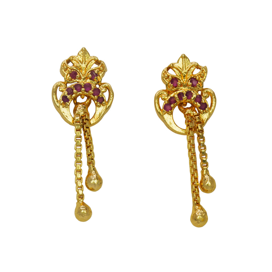Stylish Gold Plated Box Chain Tassels Stone Earrings - Ruby