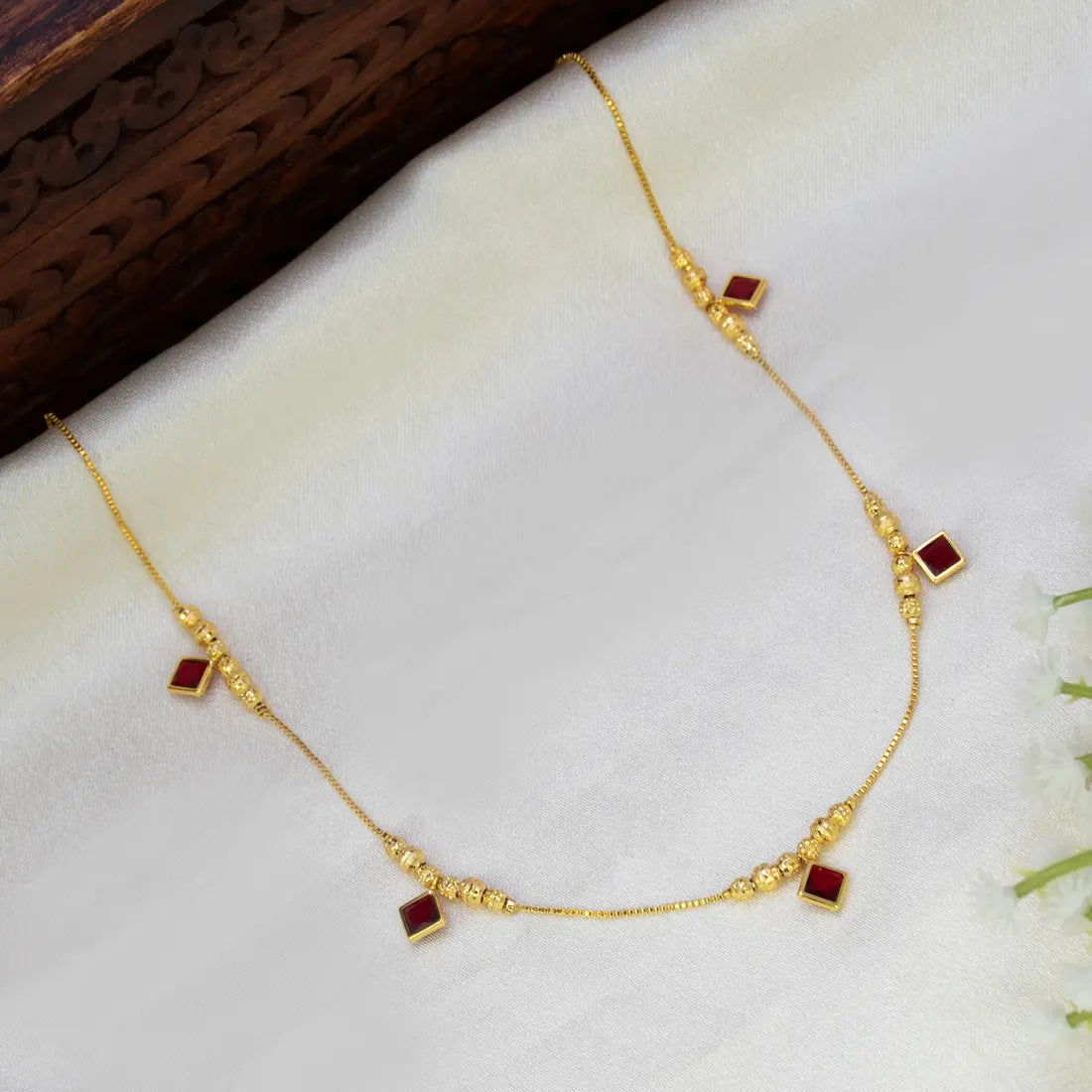 Gold-Plated Square Red Stone Charm Necklace