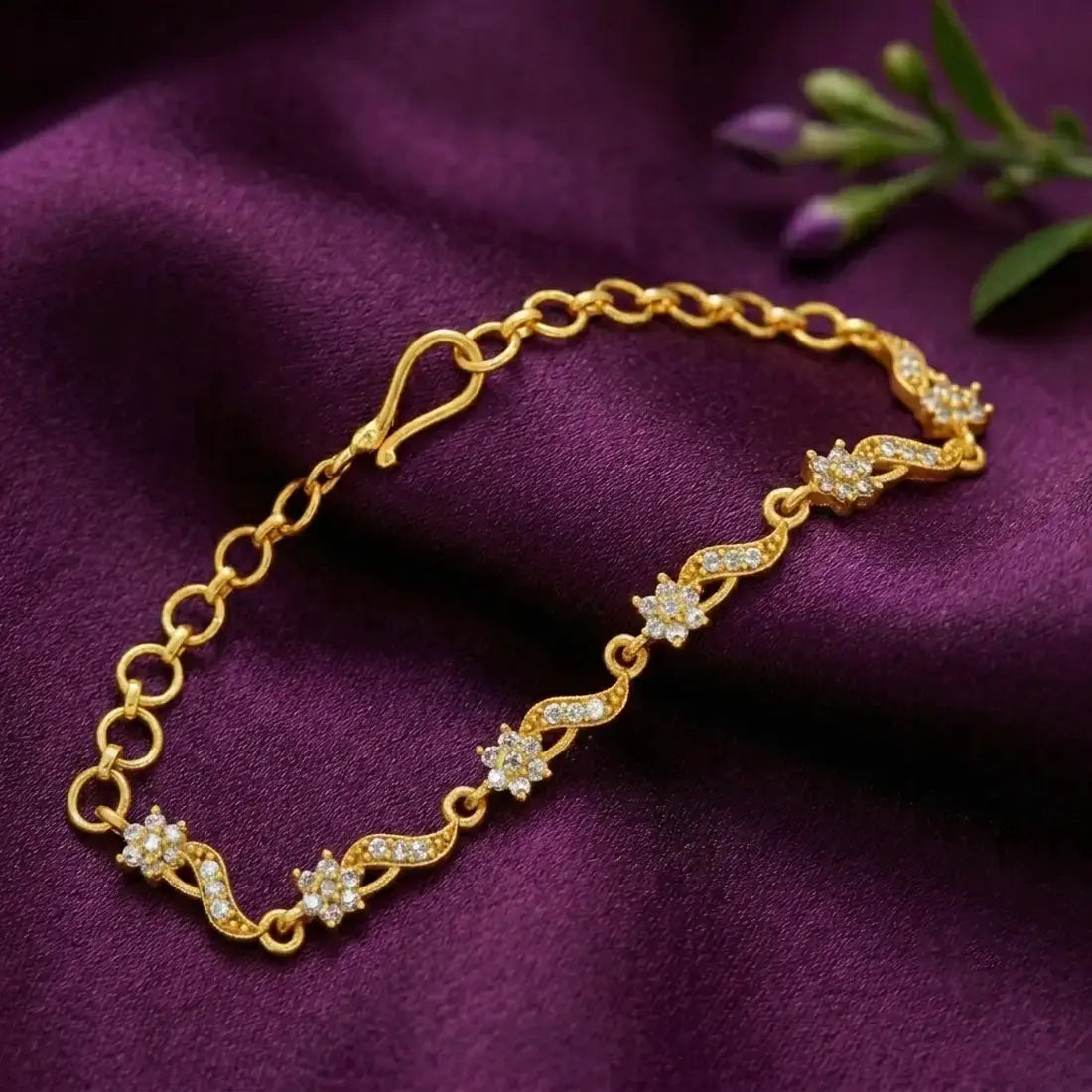 Gold Plated CZ Stone Floral Leaf Bracelet