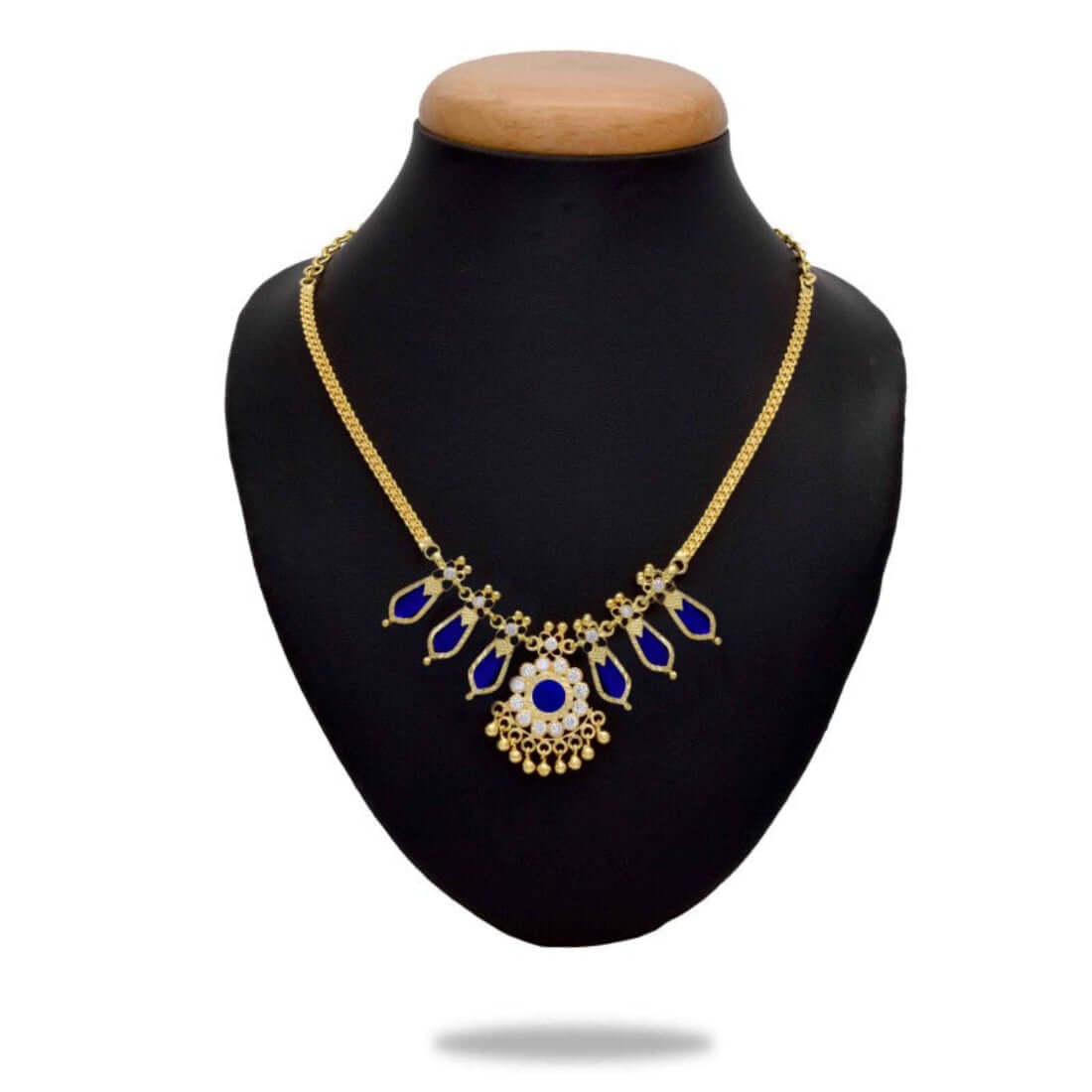 Small Gold Plated Nagapadam Necklace for Girls - 3 Stones Blue