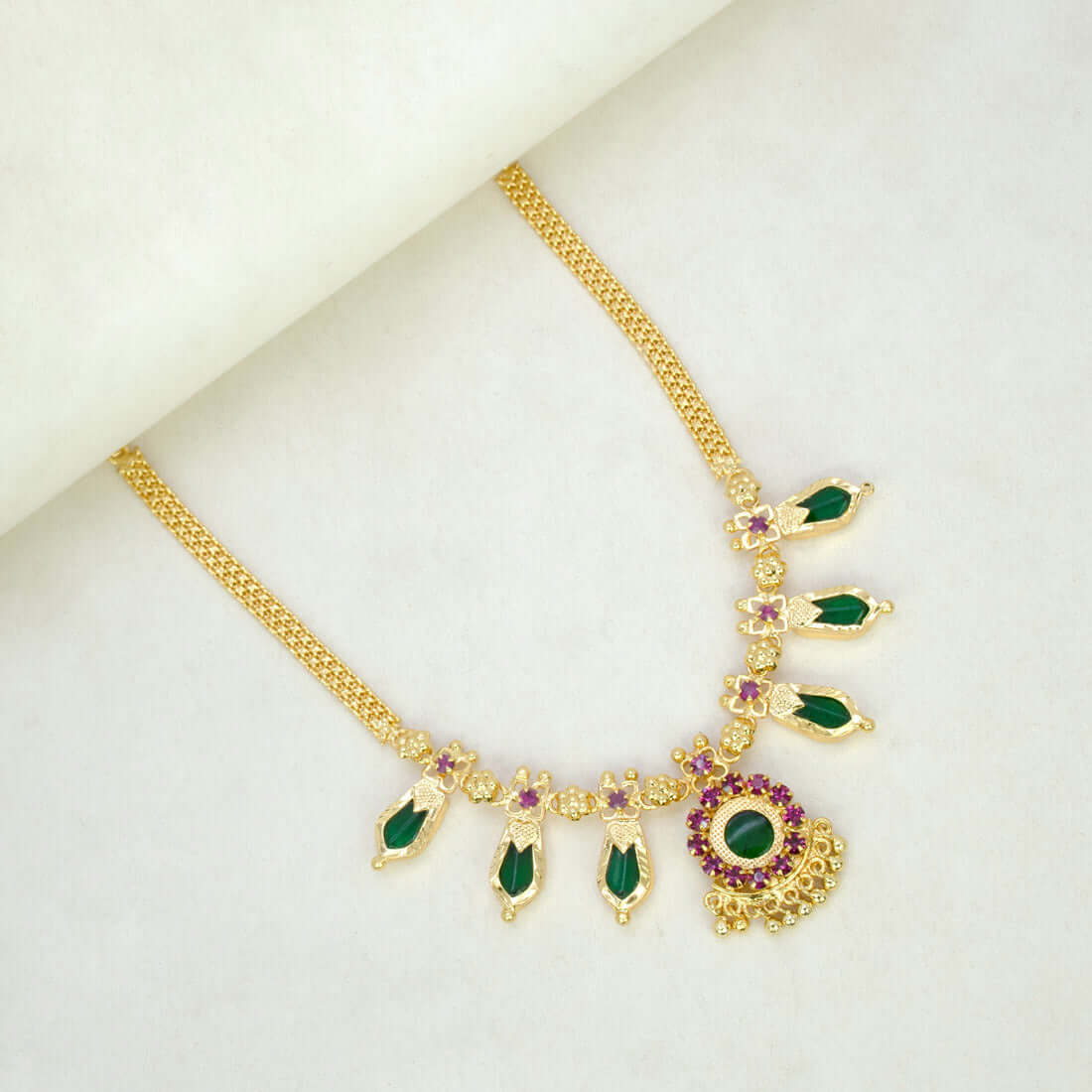 Small Gold Plated Nagapadam Necklace for Girls - 3 Stones Green