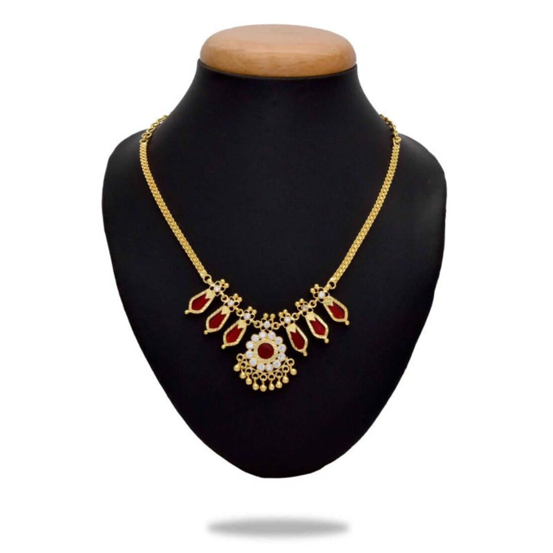 Small Gold Plated Nagapadam Necklace for Girls - 3 Stones Red