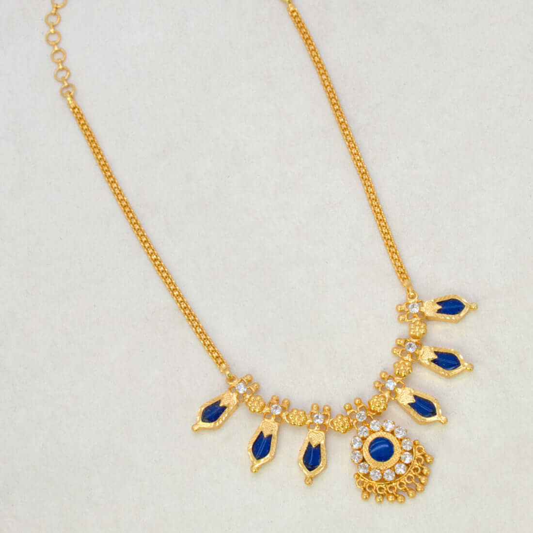 Small Gold Plated Nagapadam Necklace for Girls - 3 Stones Blue
