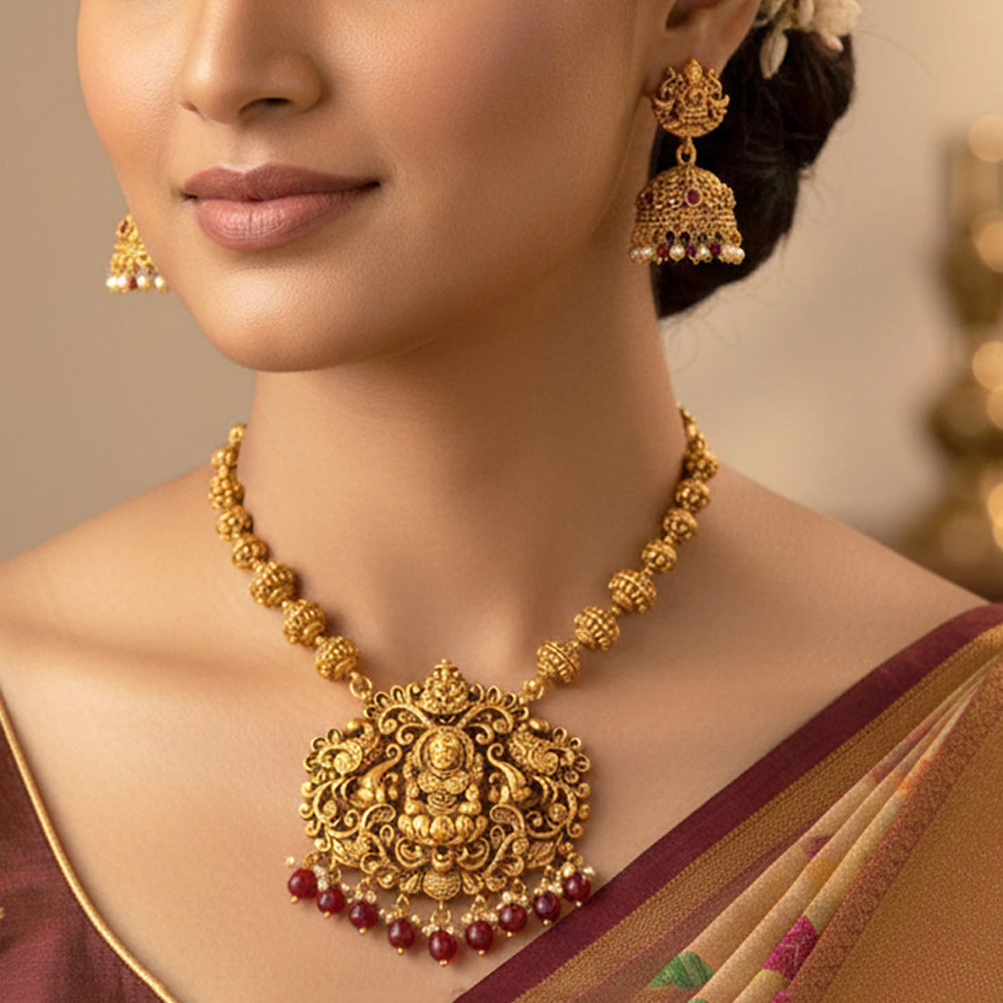 South Indian Matte Lakshmi Peacock Ball Chain Pendant Set