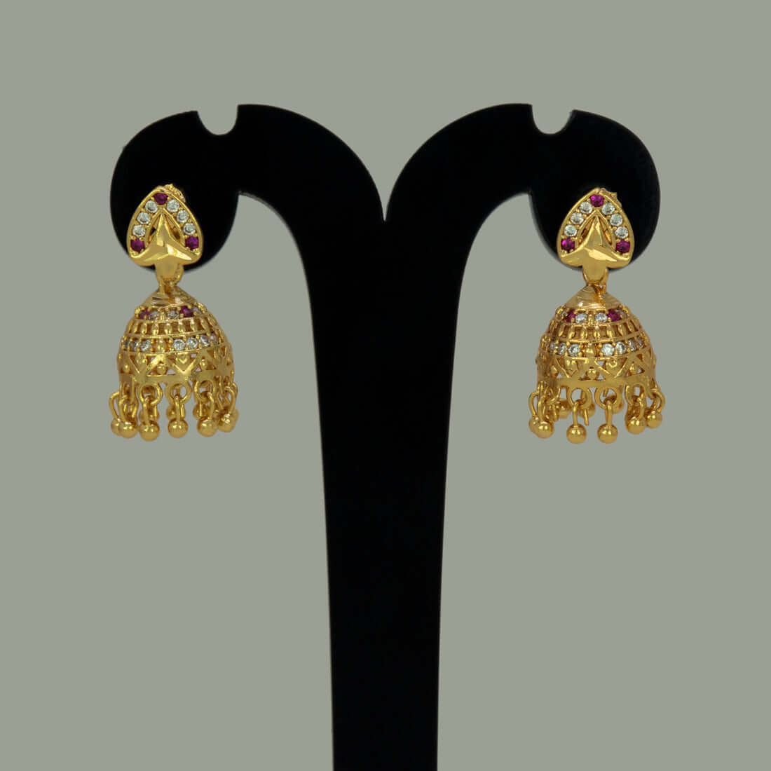 Gold Plated Spade Shape Ruby CZ Stone Jhumka Earrings