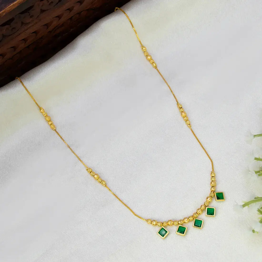 Gold Plated Square Green Crystal Hanging Necklace