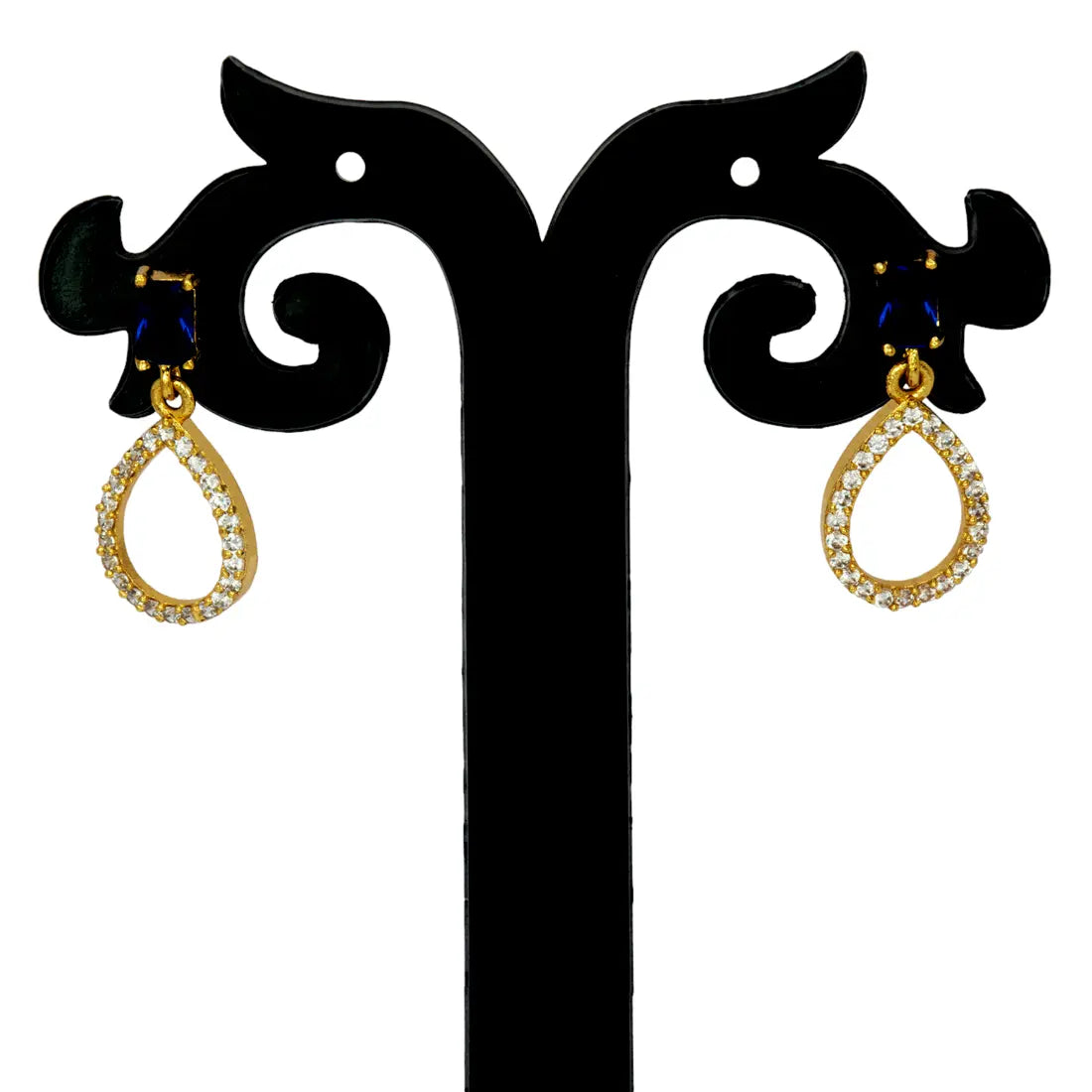 Sparkling Blue Sapphire Stone Studs CZ Drop Earrings displayed on a stylish earring stand with golden accents.