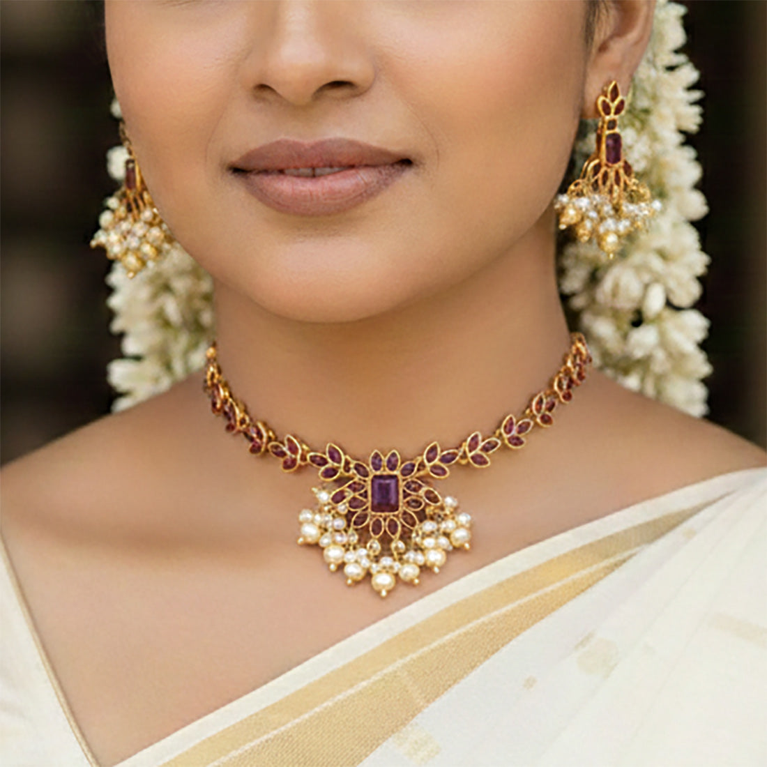 Antique Floral Red Kemp Stone Necklace Set