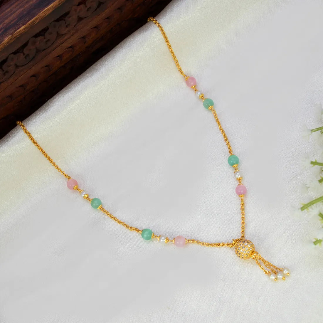 Stunning Gold Plated Pastel Beads CZ Pendant Chain