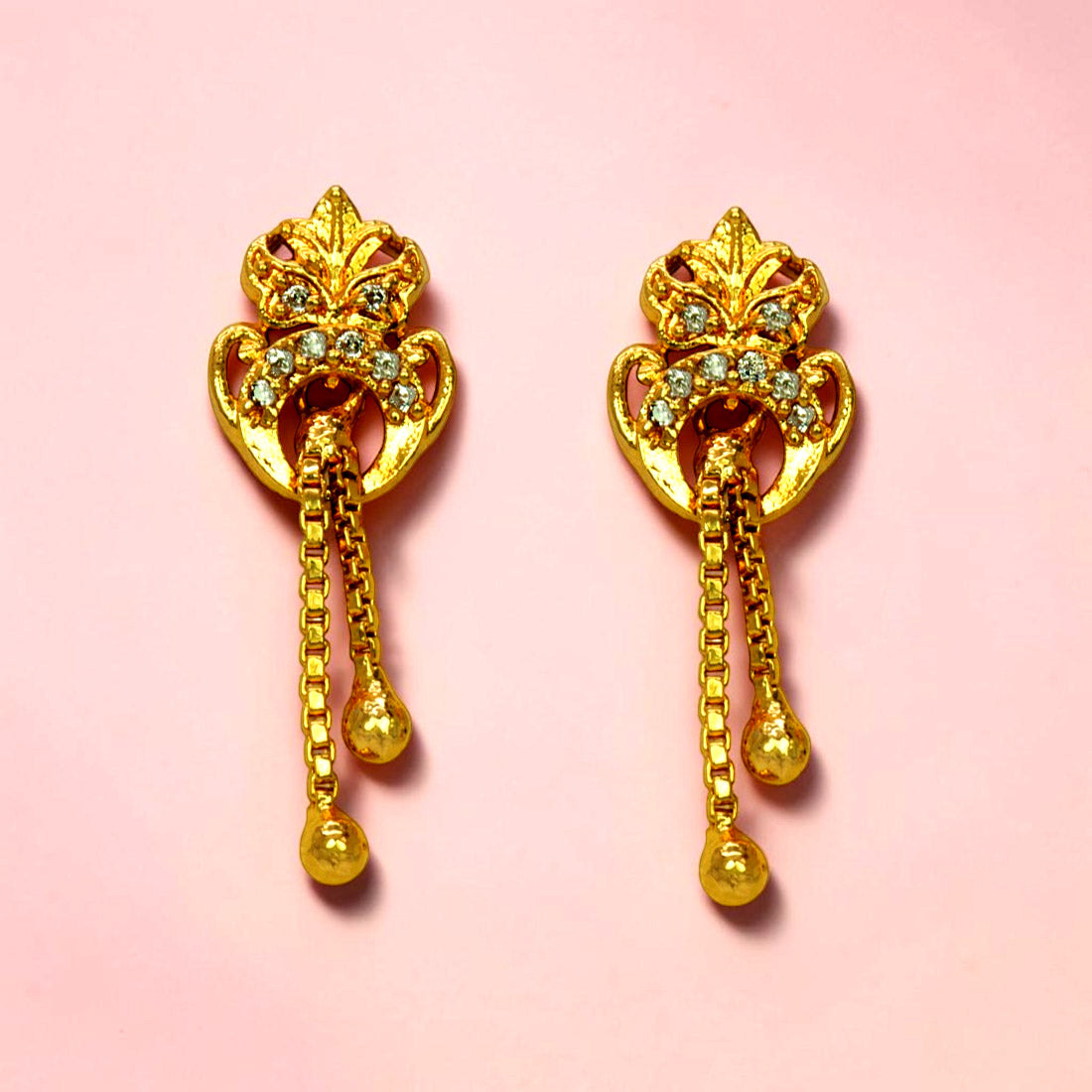 Stylish Gold Plated Box Chain Tassels Stone Earrings - CZ