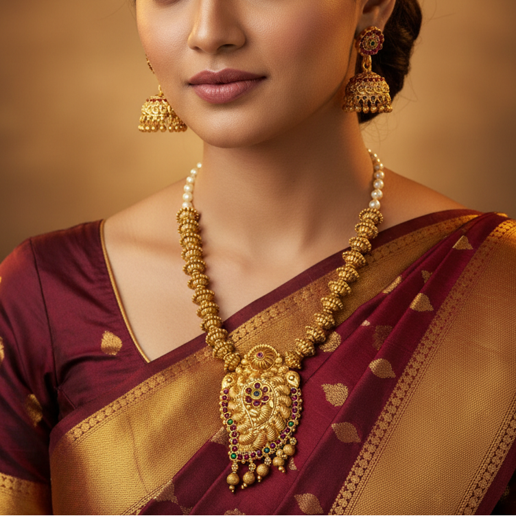 Stylish Antique Mango Pendant Ball Chain Necklace Set with matching earrings displayed on a white fabric stand, surrounded by autumn leaves. The jewelry features intricate filigree detailing, beaded chains, and red and green stone accents.