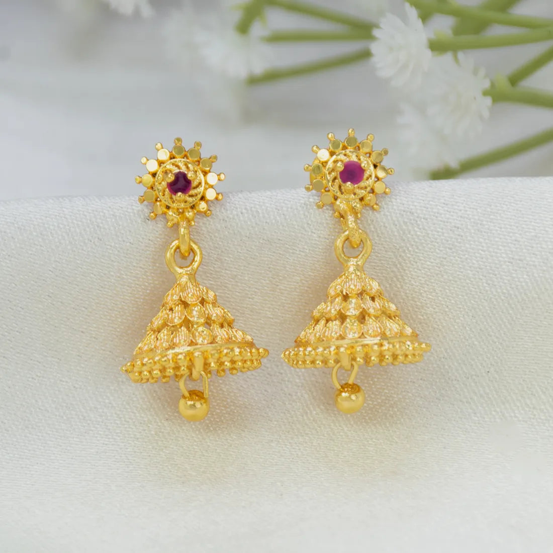 Gold-Plated Single Stone Small Bell Jhumka Earrings