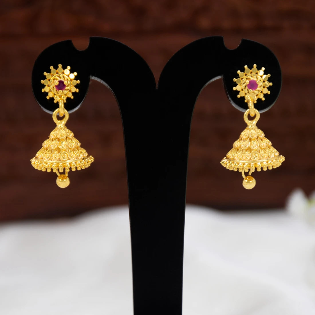 Gold-Plated Single Stone Small Bell Jhumka Earrings