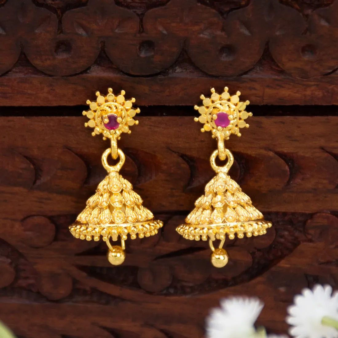 Gold-Plated Single Stone Small Bell Jhumka Earrings