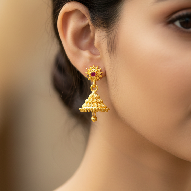 Gold-Plated Single Stone Small Bell Jhumka Earrings