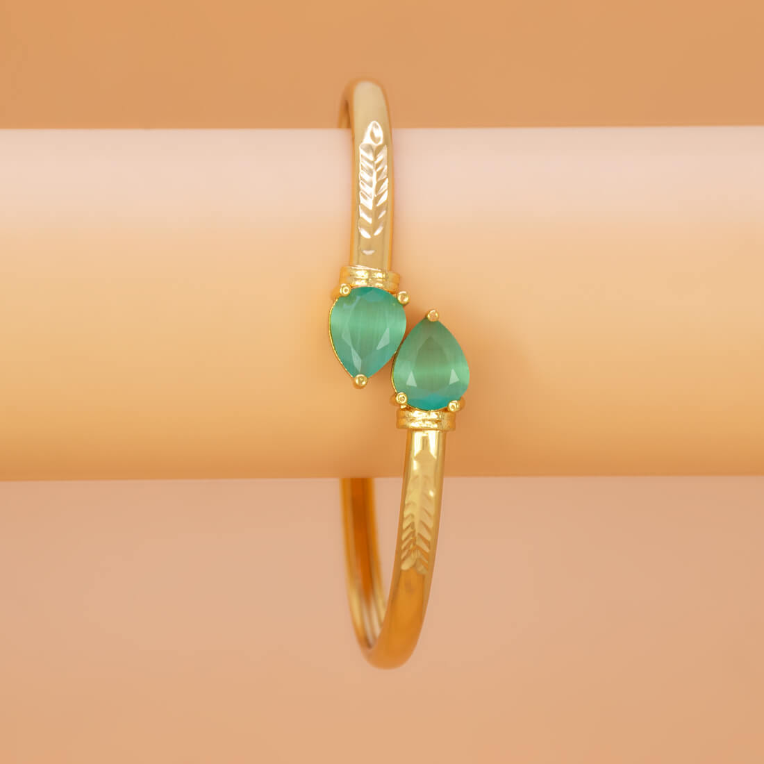Gold Plated Dual Teardrop Stone Cuff Bangle - Pastel Green