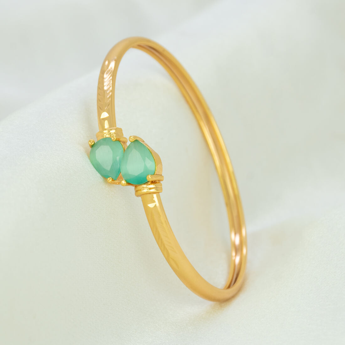 Gold Plated Dual Teardrop Stone Cuff Bangle - Pastel Green