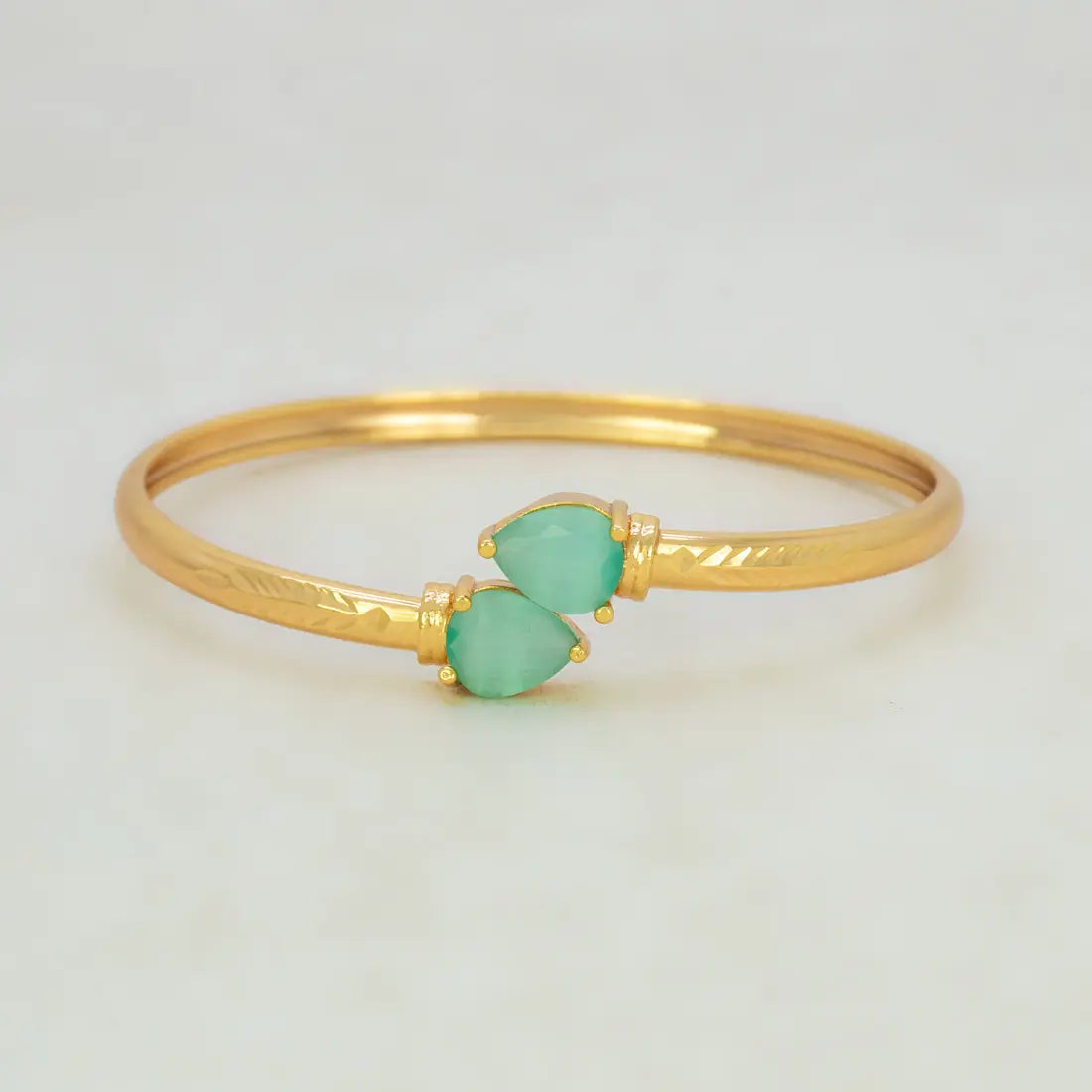 Gold Plated Dual Teardrop Stone Cuff Bangle - Pastel Green