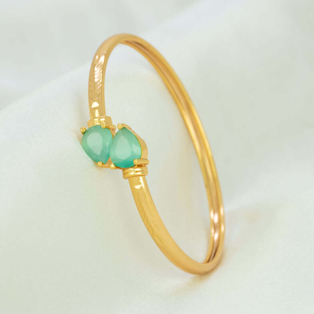 Gold Plated Dual Teardrop Stone Cuff Bangle - Pastel Green