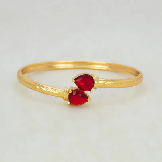 Gold Plated Dual Teardrop Stone Cuff Bangle - Red