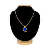 Traditional Gold-Plated Mango Pendant Chain in blue color displayed on a jewelry stand.