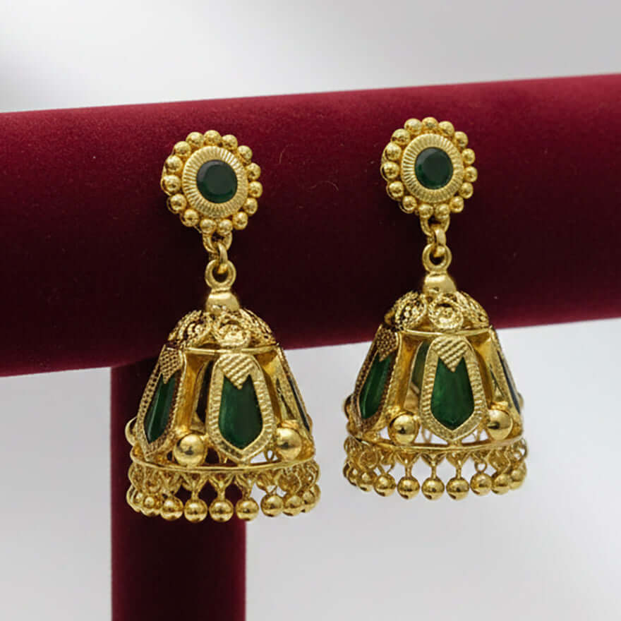 Premium Gold Plated Traditional Nagapadam Medium Jumka with green accents and bead danglers.