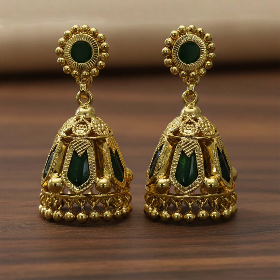 Premium Gold Plated Traditional Nagapadam Medium Jumka with green accents and bead danglers.