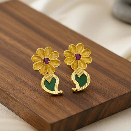 Traditional Gold Plated Ruby Stone Floral Mango Ear Studs