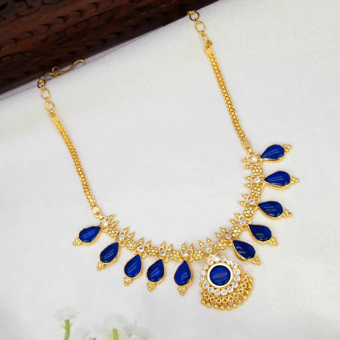 Traditional Gold-Plated Blue Enamel Teardrop Necklace