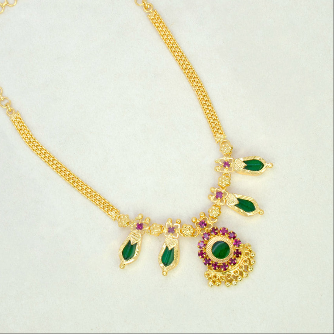Traditional Double Nagapadam Necklace - Green