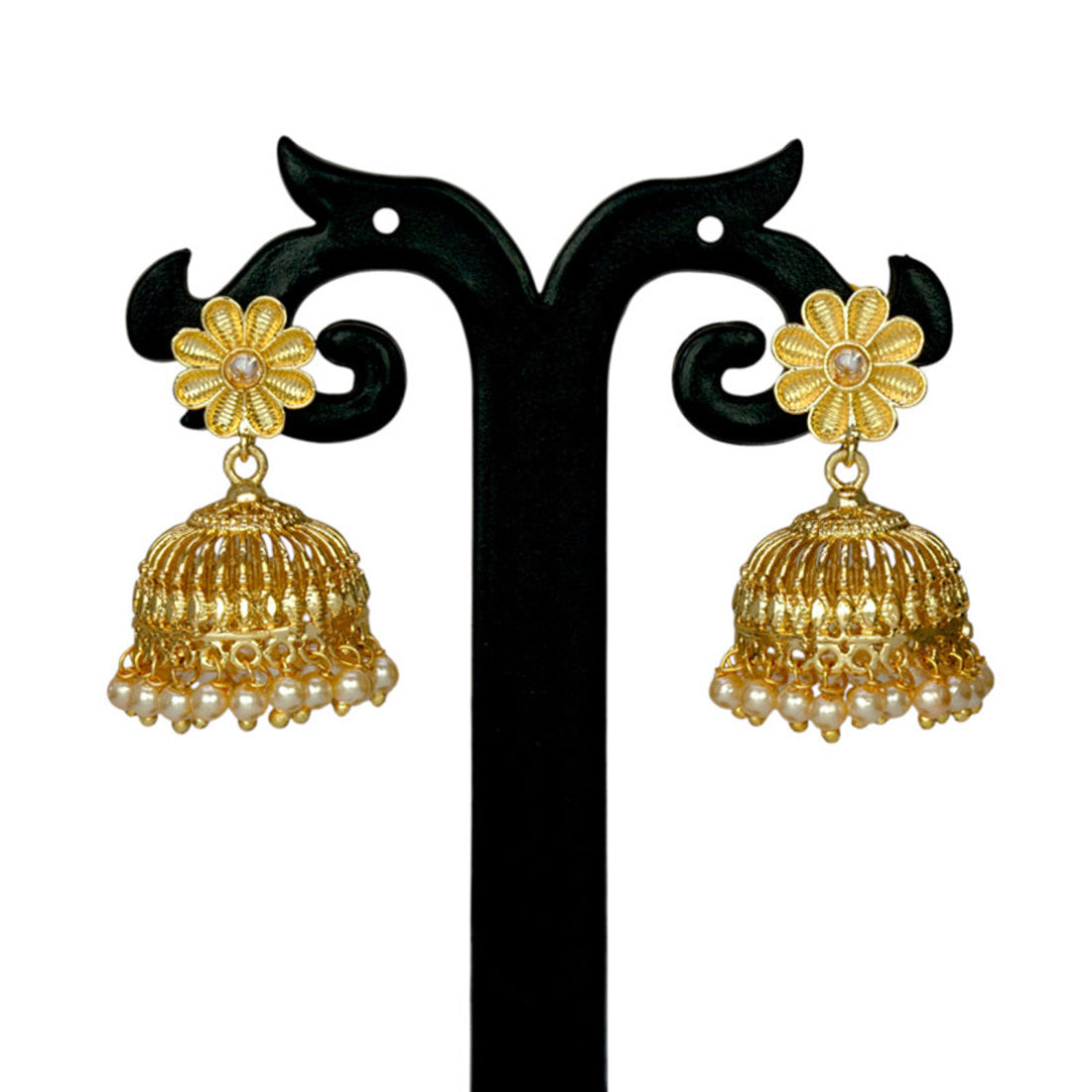 Trendy gold plated pearl hanging floral jhumka