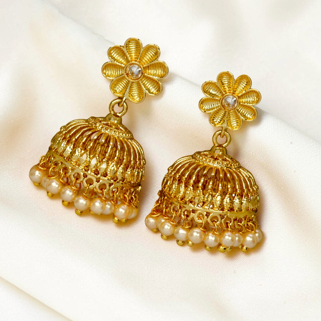 Trendy Gold Plated Pearl Hanging Floral Jhumka