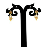 Trendy Small Gold Plated CZ Drop Earrings showcasing floral motifs and colorful stones on display.