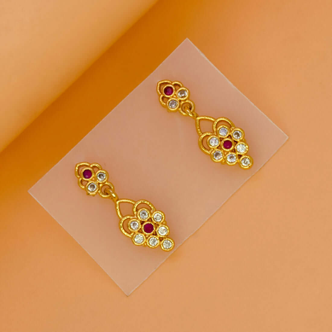 Trendy Small Gold Plated CZ Drop Earrings featuring floral motifs and cubic zirconia for girls.
