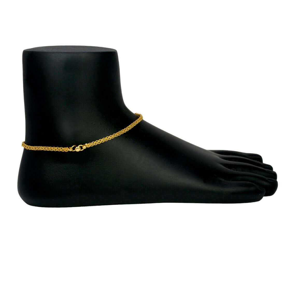 Trendy Gold Plated Urvashi Chain Anklet on a black mannequin foot against a white background
