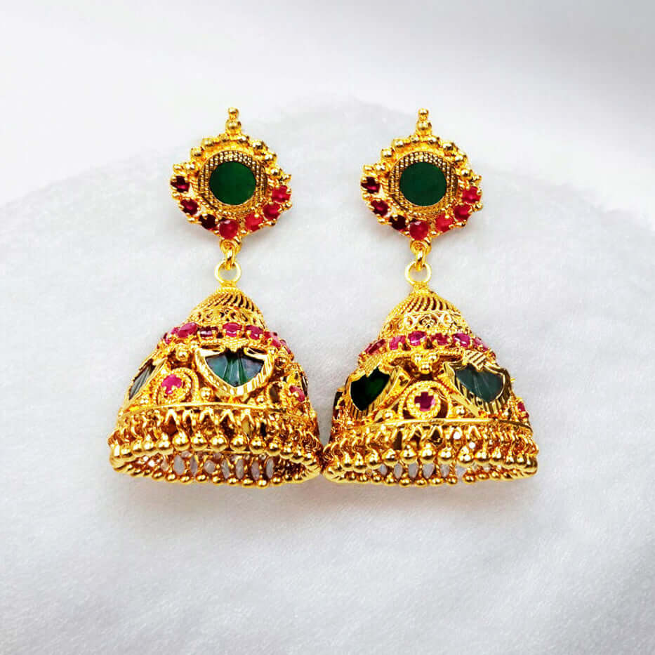 Trendy Premium Gold Plated Green Palakka Jhumka Earrings