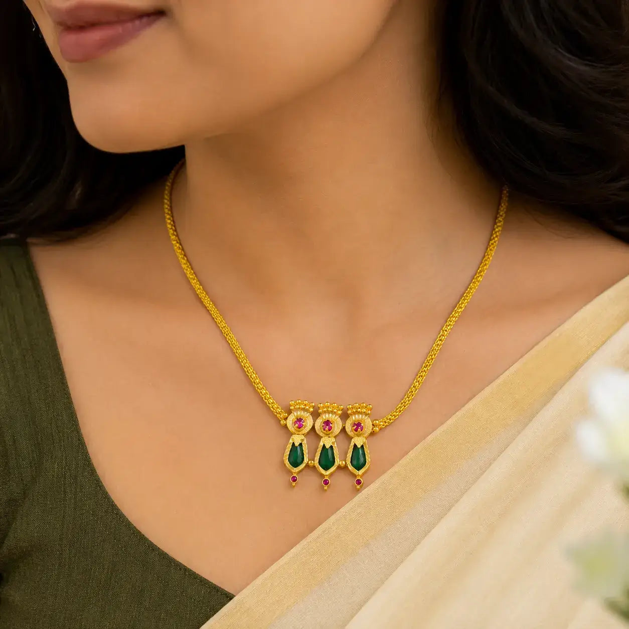 A close-up of a woman wearing a Kerala Gold-Plated Triple Nagapadam Necklace with three green enamel cobra-shaped pendants featuring ruby stones