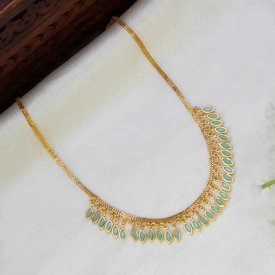 Two Line Box Chain Leaf Stone Drop Necklace