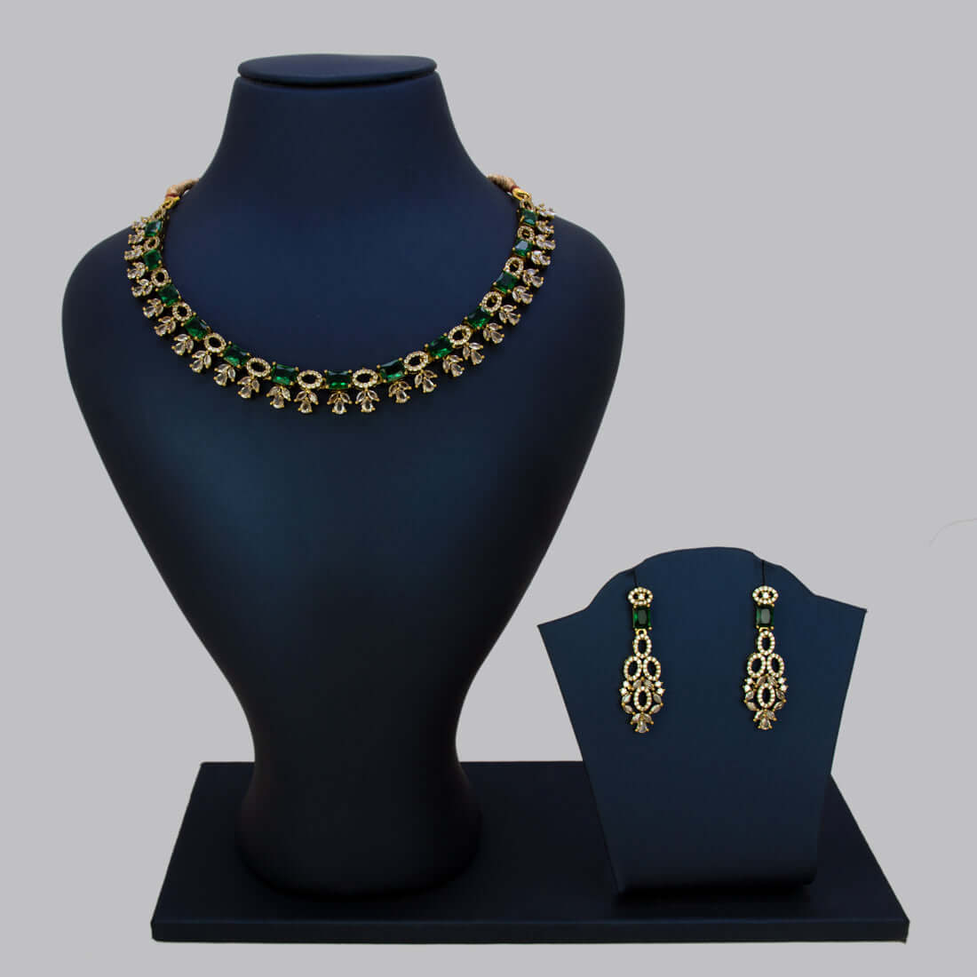 Victorian Antique Gold Finish CZ Necklace Set - Emerald- CZ