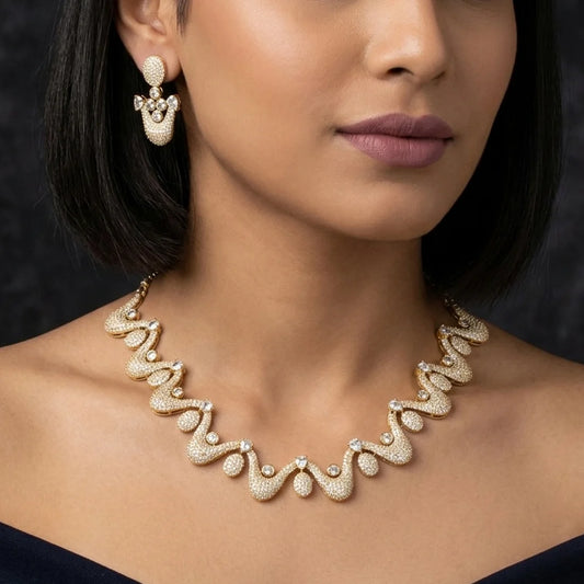 Unique Wavy Design CZ Stone Necklace Set