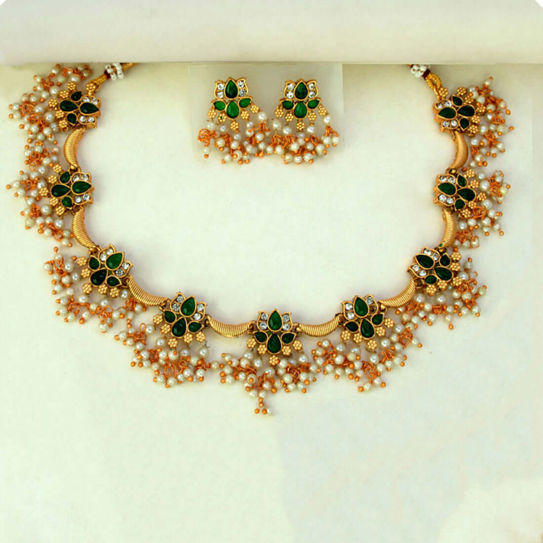 Antique Finish Artificial Stones Pearl Lotus Necklace Set - K Supreme
