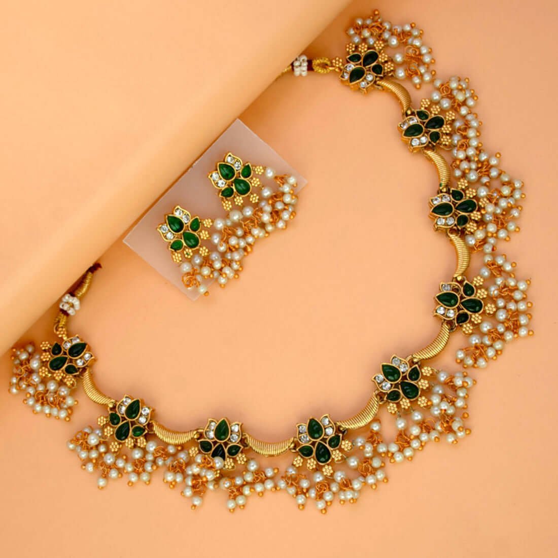 Antique Finish Artificial Stones Pearl Lotus Necklace Set - K Supreme