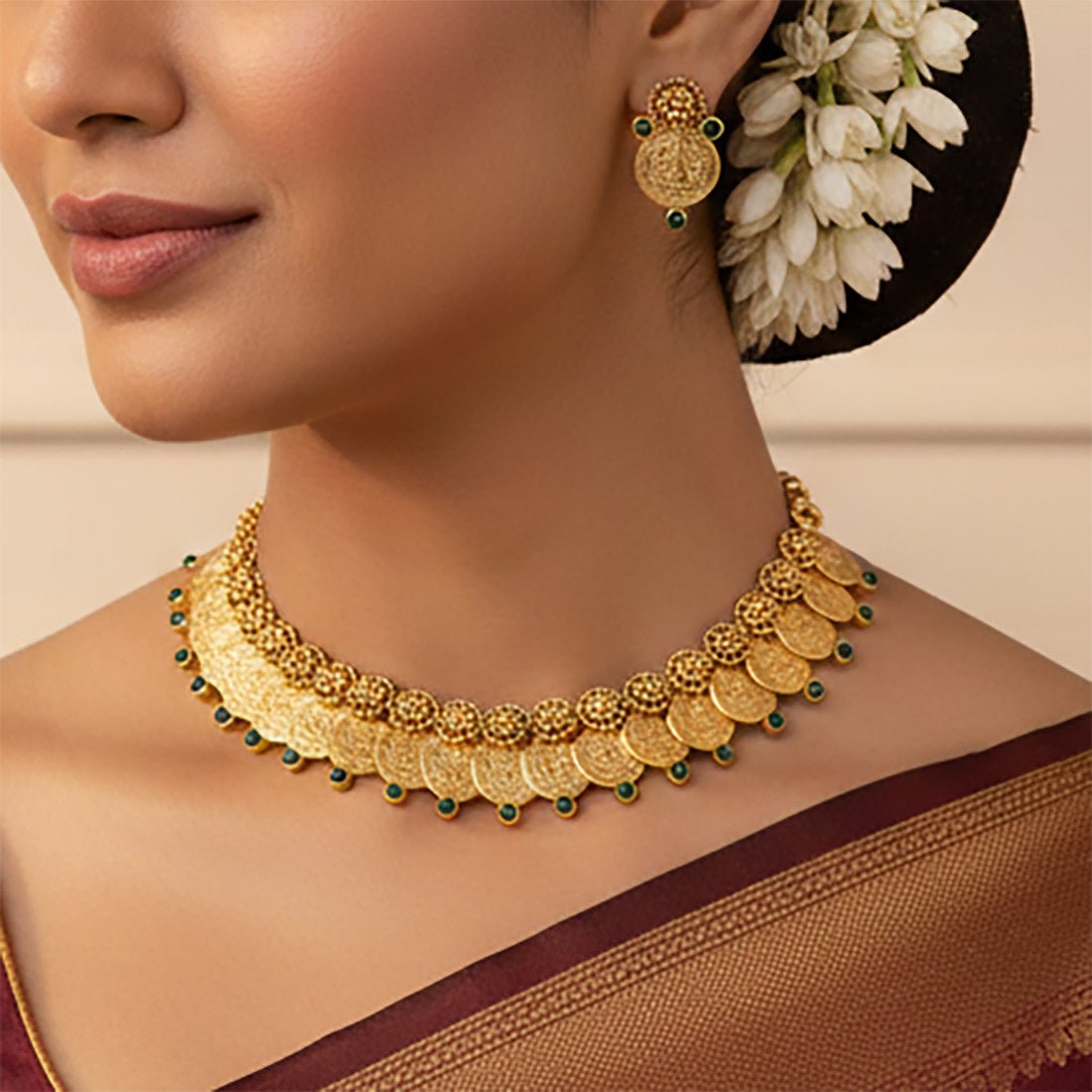 Antique Floral Design Lakshmi Coin Necklace Set - K Supreme