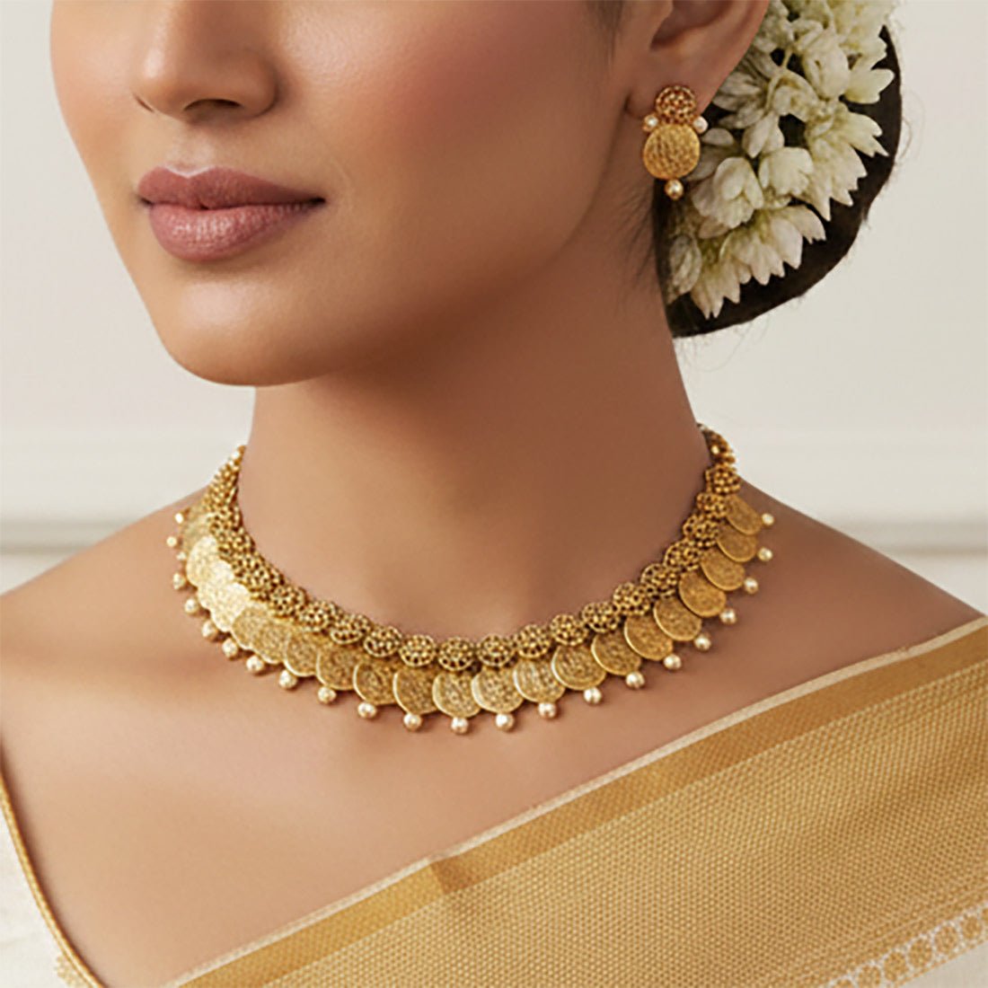 Antique Floral Design Lakshmi Coin Necklace Set - K Supreme