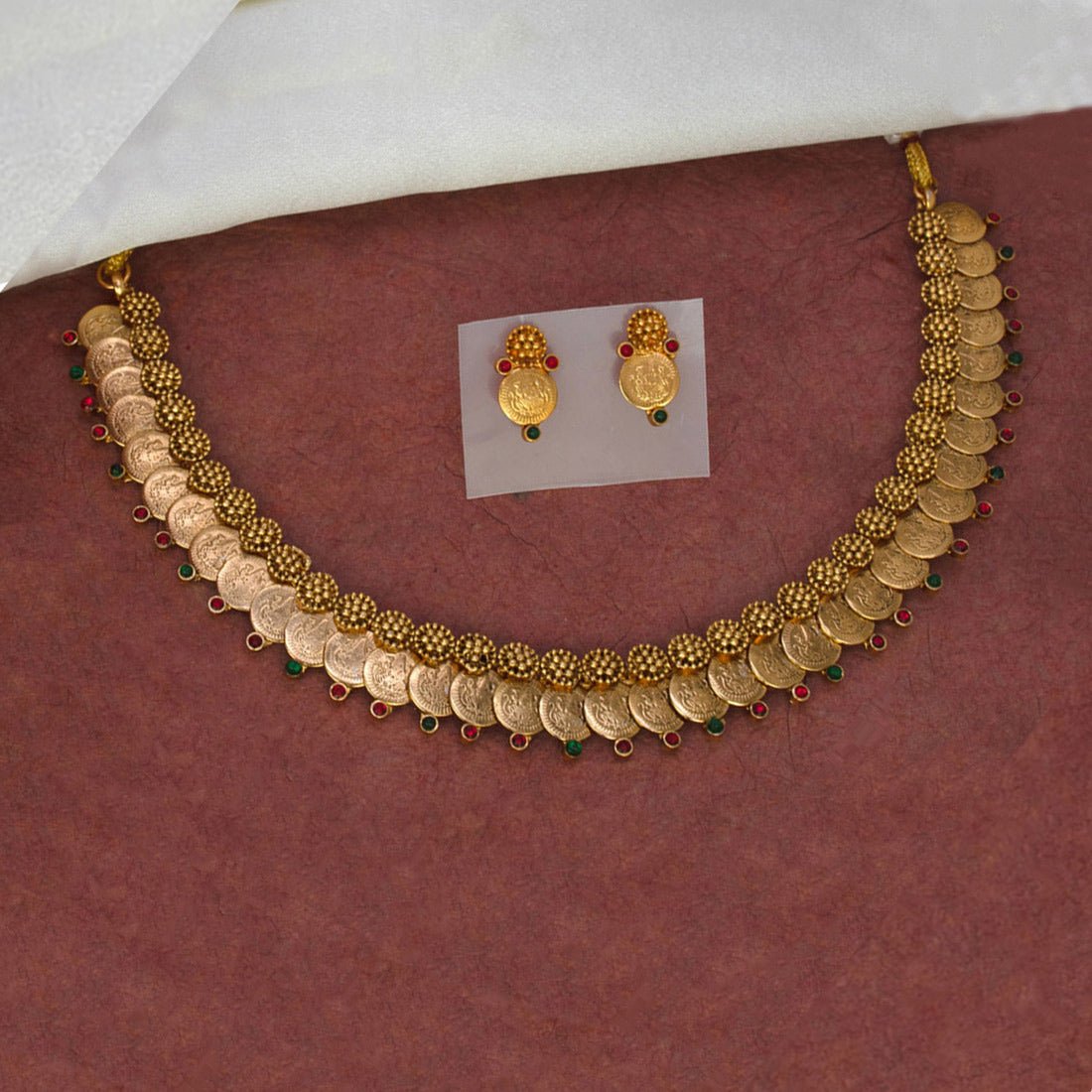 Antique Floral Design Lakshmi Coin Necklace Set - K Supreme