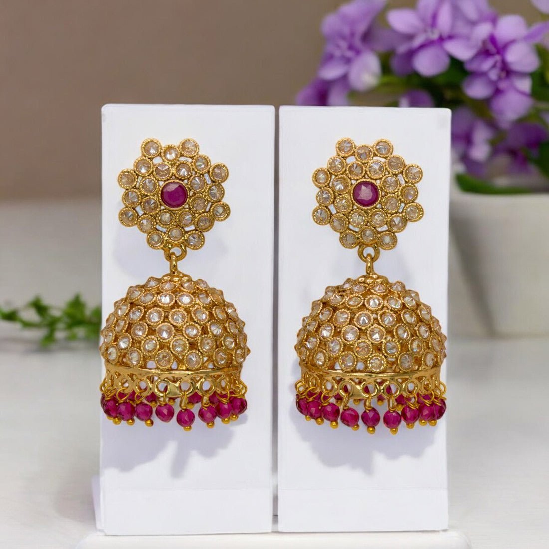 Antique Gold Plated Beads Hanging Kundan Jhumka Earrings - KSupreme