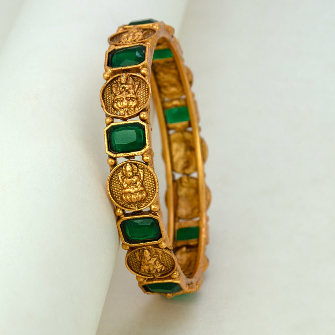 Antique Gold Plated Emerald Stone Lakshmi Kasu Bangle - K Supreme