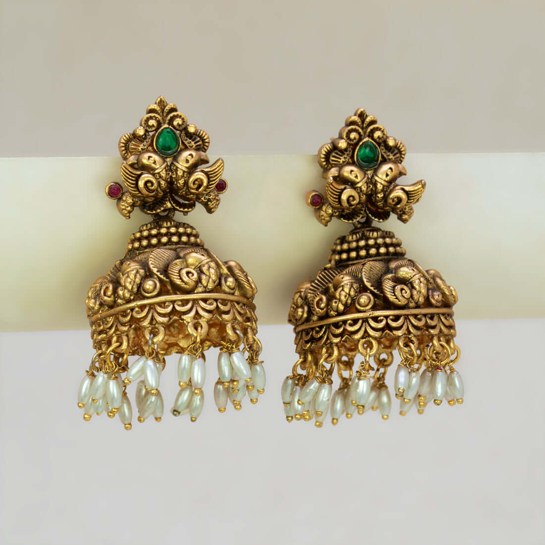 Antique Gold Plated Festive Pearl Drop Jhumkas - K Supreme