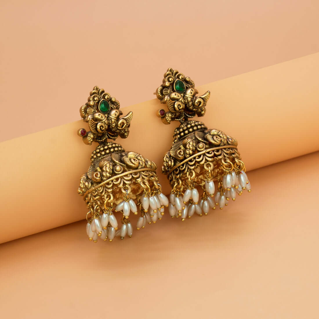 Antique Gold Plated Festive Pearl Drop Jhumkas - K Supreme